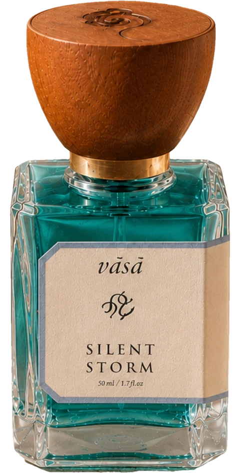 Silent Storm extrait de parfum, 50 ml: a square glass bottle with a turned wooden cap