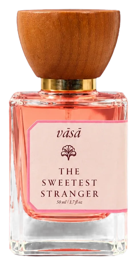 Sweetest Stranger extrait de parfum, 50 ml: a square glass bottle with a turned wooden cap