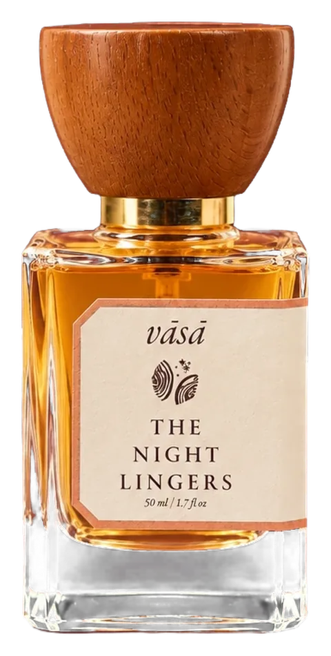 The Night Lingers extrait de parfum, 50 ml: a square glass bottle with a turned wooden cap