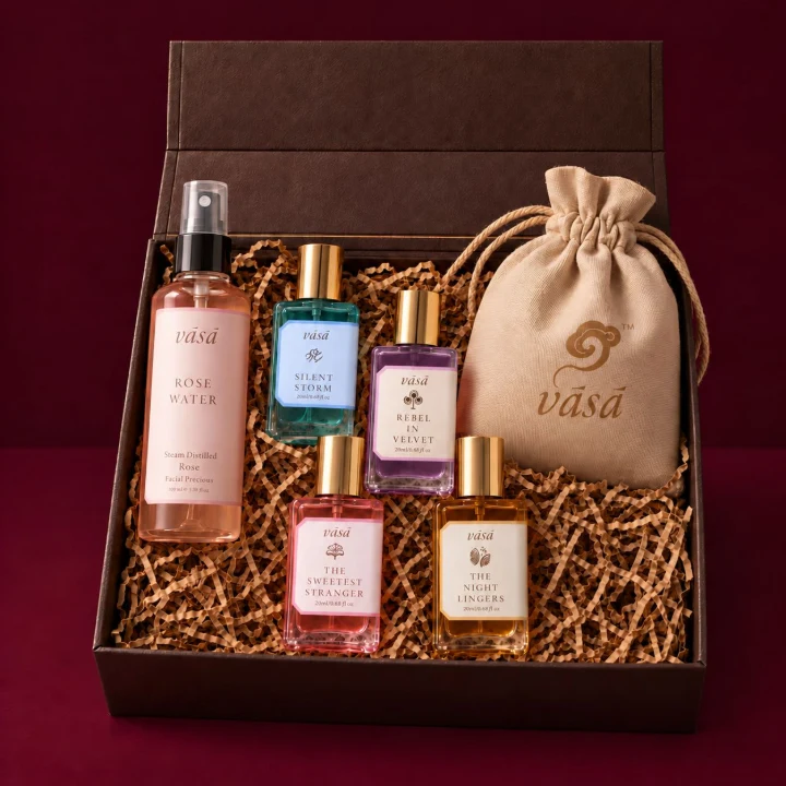 An open gift box of VASA fragrances and rose water in shredded paper, beside a drawstring pouch