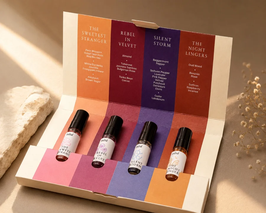 The Discovery Kit open on warm sand: The Sweetest Stranger, Rebel in Velvet, Silent Storm and The Night Lingers, each with its notes, four 5 ml vials below