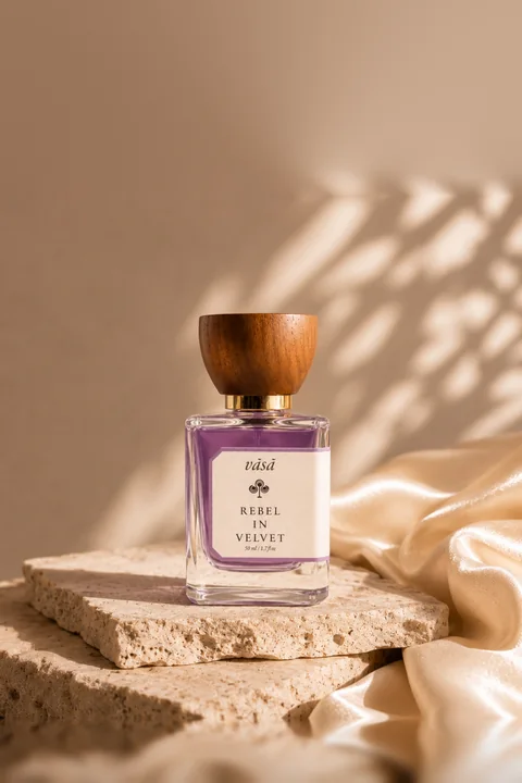 Rebel in Velvet standing on a stone slab in dappled leaf shadow, champagne satin beside it