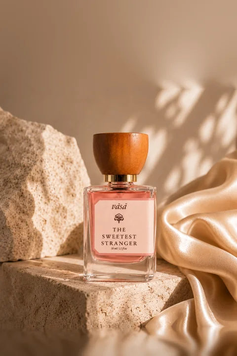 The Sweetest Stranger standing on a sunlit stone step beside a rough stone, champagne satin behind it