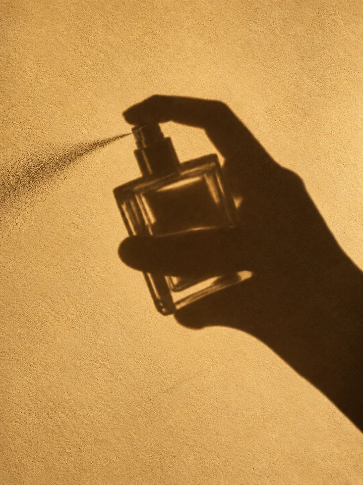 The shadow of a hand spraying a VASA bottle on a warm golden wall